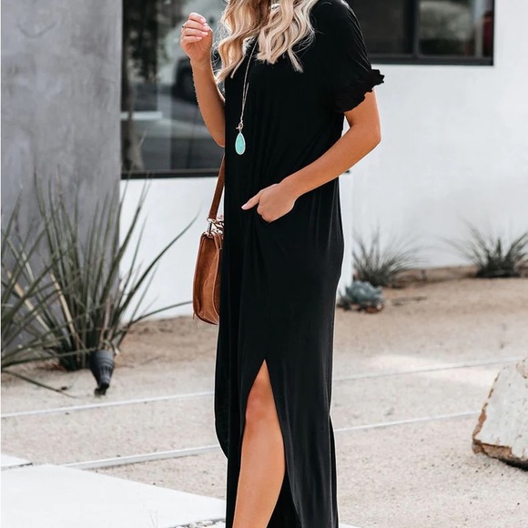 black maxi V-neck T shirt casual boho with pockets - Picture 8 of 11